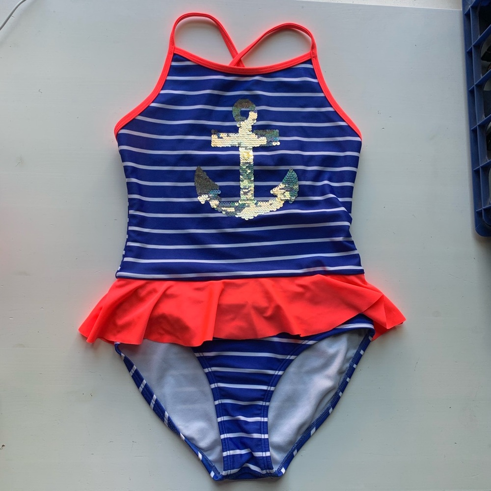 Blue White Stripe Pink Bathing Suit